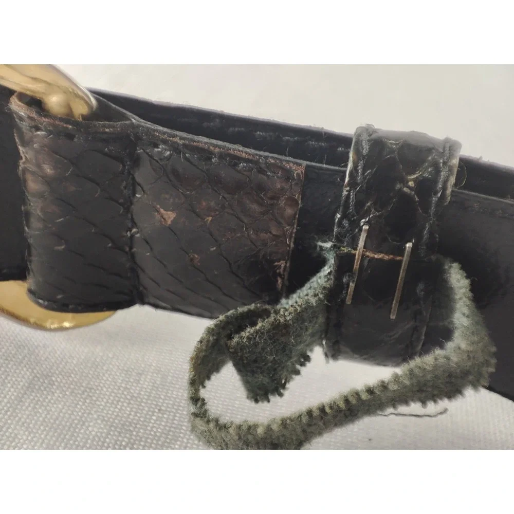 VTG Leather‎ Shop Genuine Snakeskin Belt M 28-33 Black Gold Wave Sculptural 80s